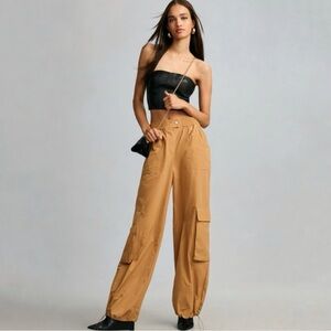 Anthropologie Pilcro Parachute Cargo Pant Nylon Bungee Hem Tan Small Petite